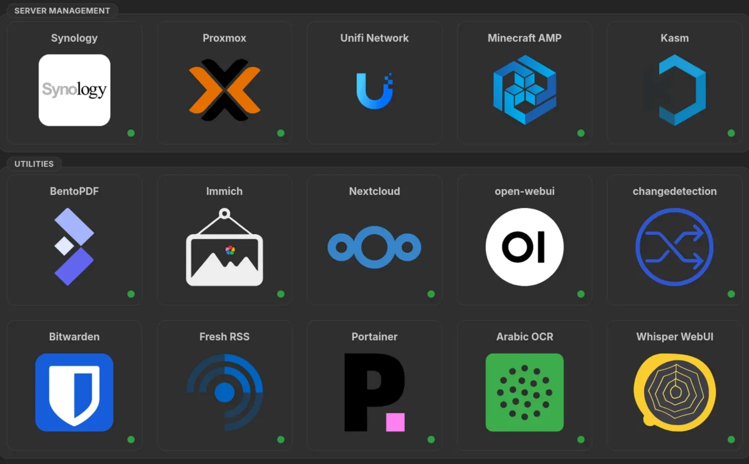 Homarr dashboard tiles for self-hosted apps including Synology, Proxmox, Immich, Nextcloud, and Vaultwarden